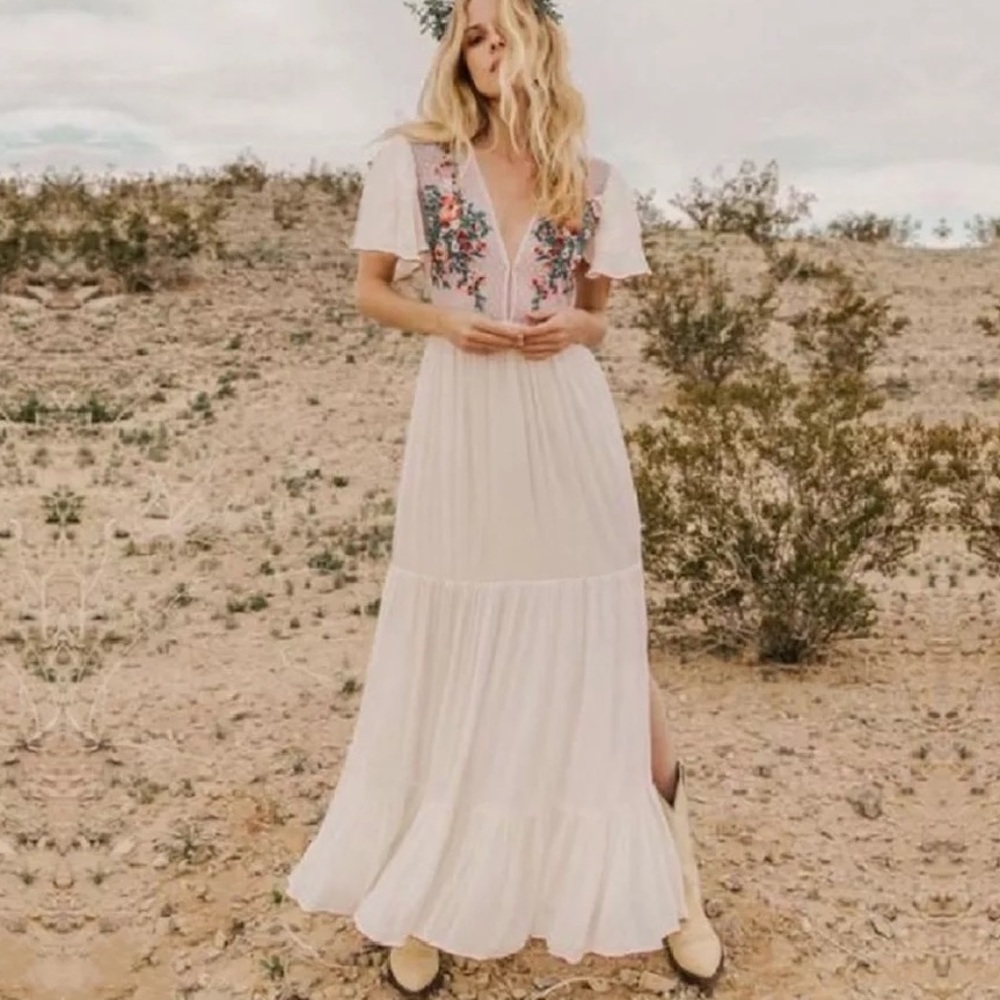 White Cleo Cotton Boho Maxi Dress W/Side Slits Hand Embroidered Stitch Coverup - Picture 2 of 8